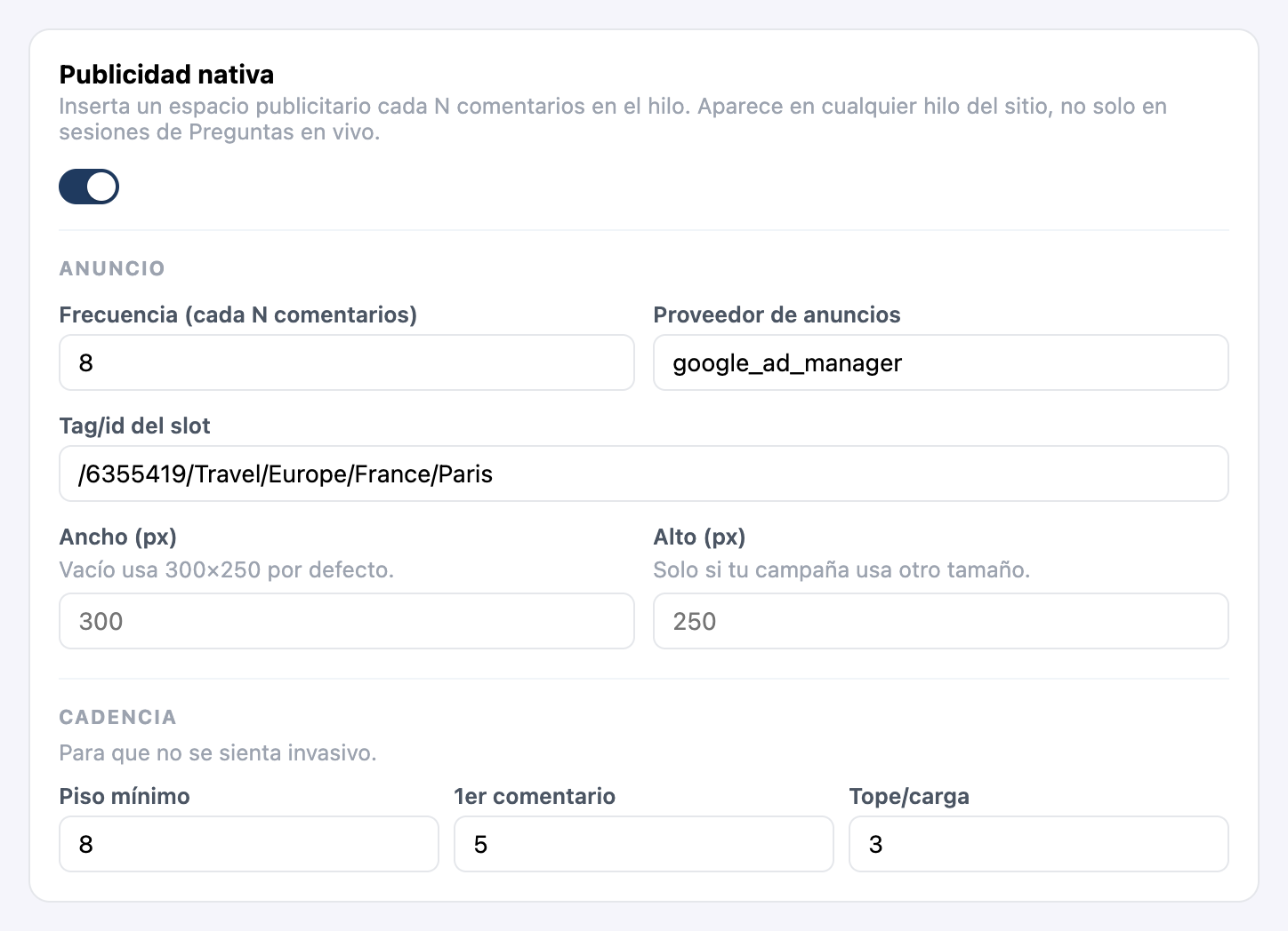 Card 'Publicidad nativa' en Configuración → Monetización del admin de Civis, mostrando frecuencia, proveedor (google_ad_manager), tag del ad unit, tamaño y cadencia ya cargados