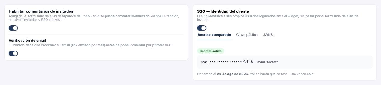 Panel de Autenticación en el admin de Civis, mostrando los interruptores de invitados, verificación de email y configuración de SSO