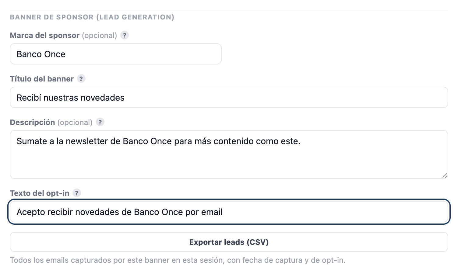 Sección 'Banner de sponsor' en el editor de una sesión, con los campos de marca, título, descripción y texto del opt-in cargados, y el botón Exportar leads (CSV)