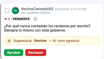Una pregunta pendiente con la sugerencia de la IA: Rechazar — palabra prohibida, con los botones Aprobar/Rechazar para que el admin decida