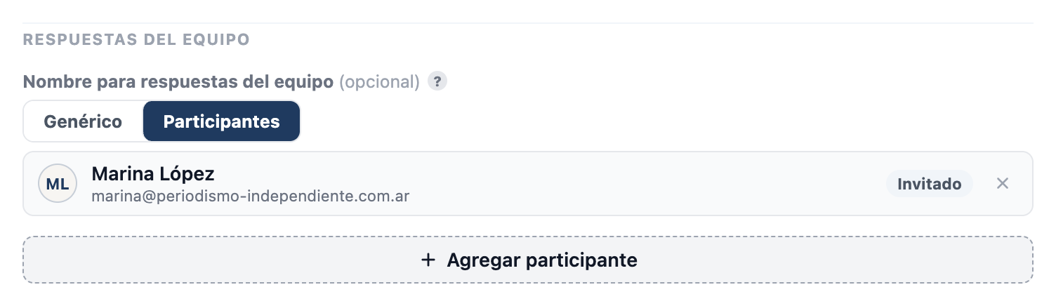 Sección 'Respuestas del equipo' en el editor de una sesión, en modo Participantes, con Marina López listada como invitada y el botón para agregar otro participante