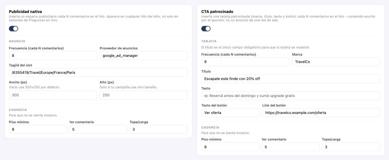 Panel de Monetización en el admin de Civis, mostrando Publicidad nativa y CTA patrocinado configurados, cada uno con su frecuencia, contenido y reglas de cadencia