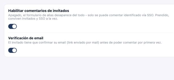 Sección de Configuración → Auth mostrando el toggle 'Habilitar comentarios de invitados', prendido por defecto