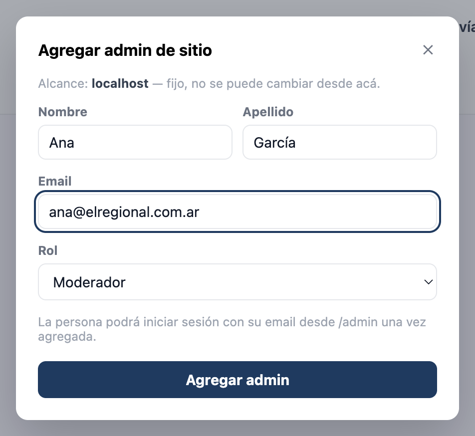 Modal 'Agregar admin de sitio' en Organización, con campos de nombre, apellido, email y el selector de Rol (Admin de sitio / Moderador)