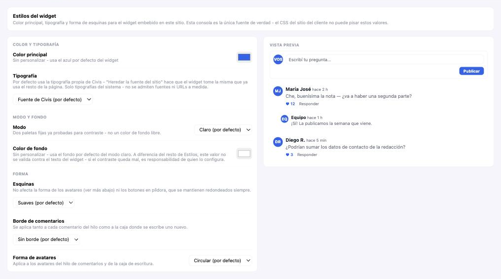 Panel de Estilos del widget en el admin de Civis, mostrando los controles de color, tipografía, esquinas y modo junto a la vista previa en vivo de un comentario