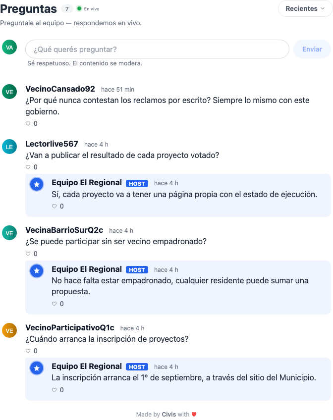 Widget de Civis en modo claro, mostrando preguntas de la audiencia respondidas por el equipo y el cuadro para preguntar en vivo